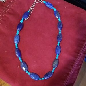 Silver Necklace with Turquoise and Lapis Stones.